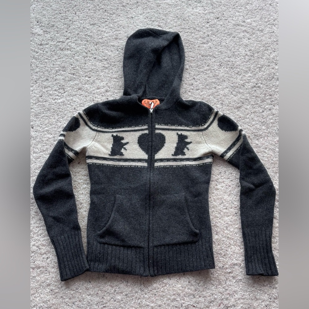 Juicy Couture dark gray charcoal and Cream wool Hooded Cardigan Hoodie Sweater